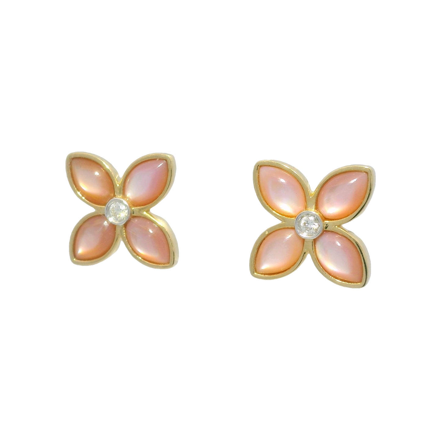 18k Yellow Gold Mother of Pearl & Diamond Flower Stud Earrings