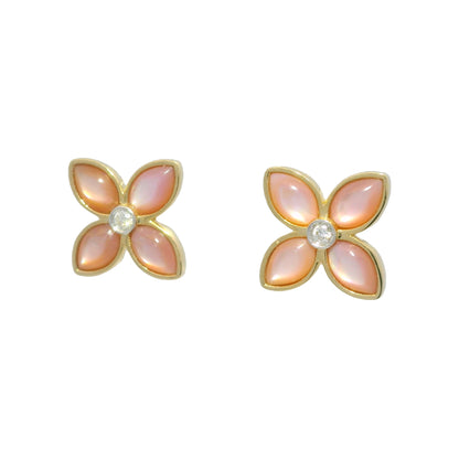 18k Yellow Gold Mother of Pearl & Diamond Flower Stud Earrings