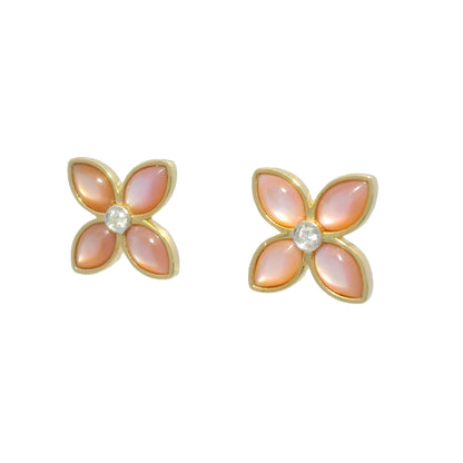 18k Yellow Gold Mother of Pearl & Diamond Flower Stud Earrings