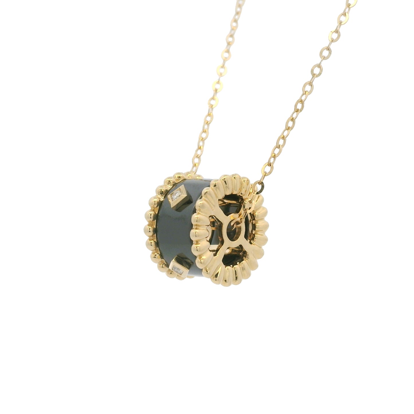18k Yellow Gold Black Ceramic & Diamond Wheel Pendant Necklace