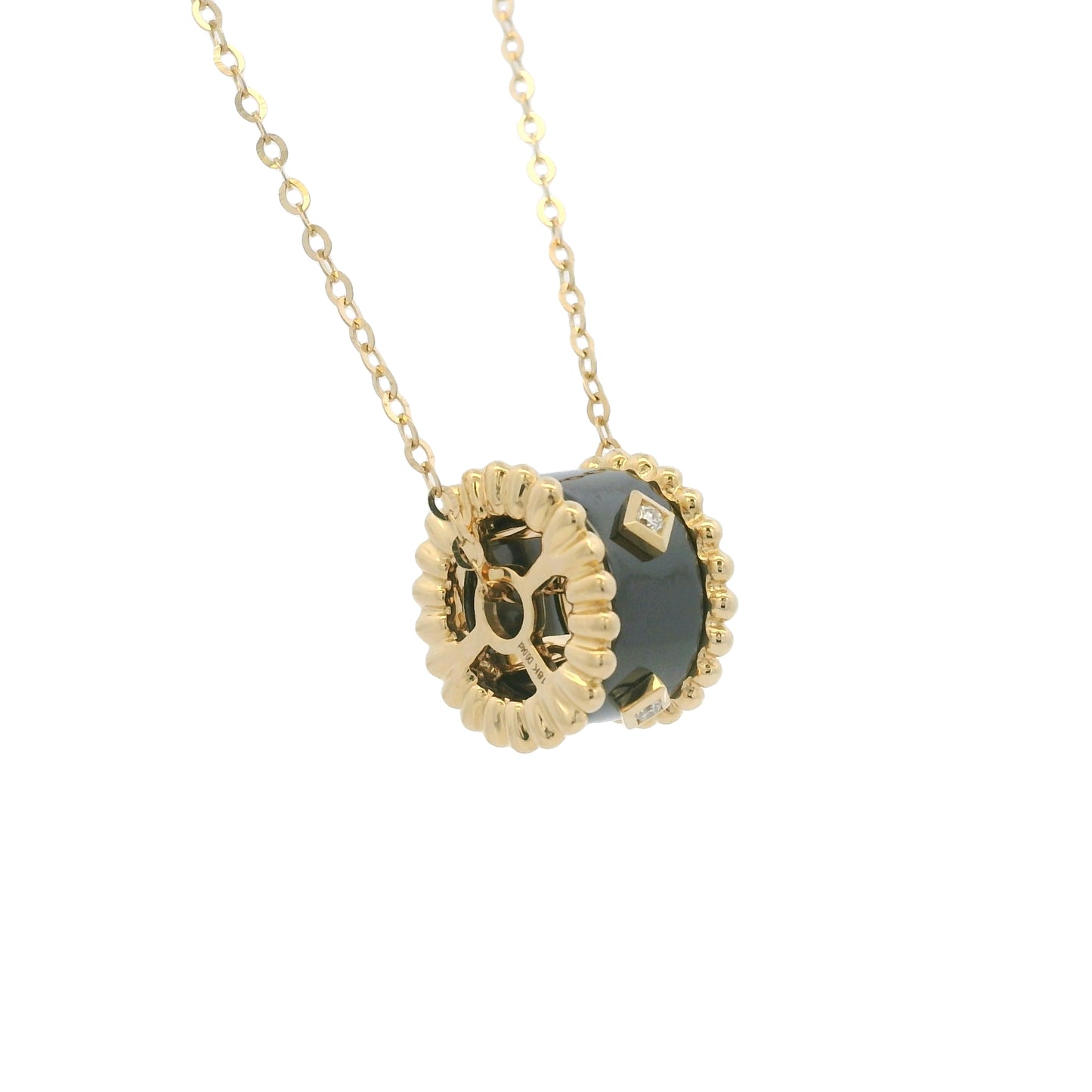 18k Yellow Gold Black Ceramic & Diamond Wheel Pendant Necklace