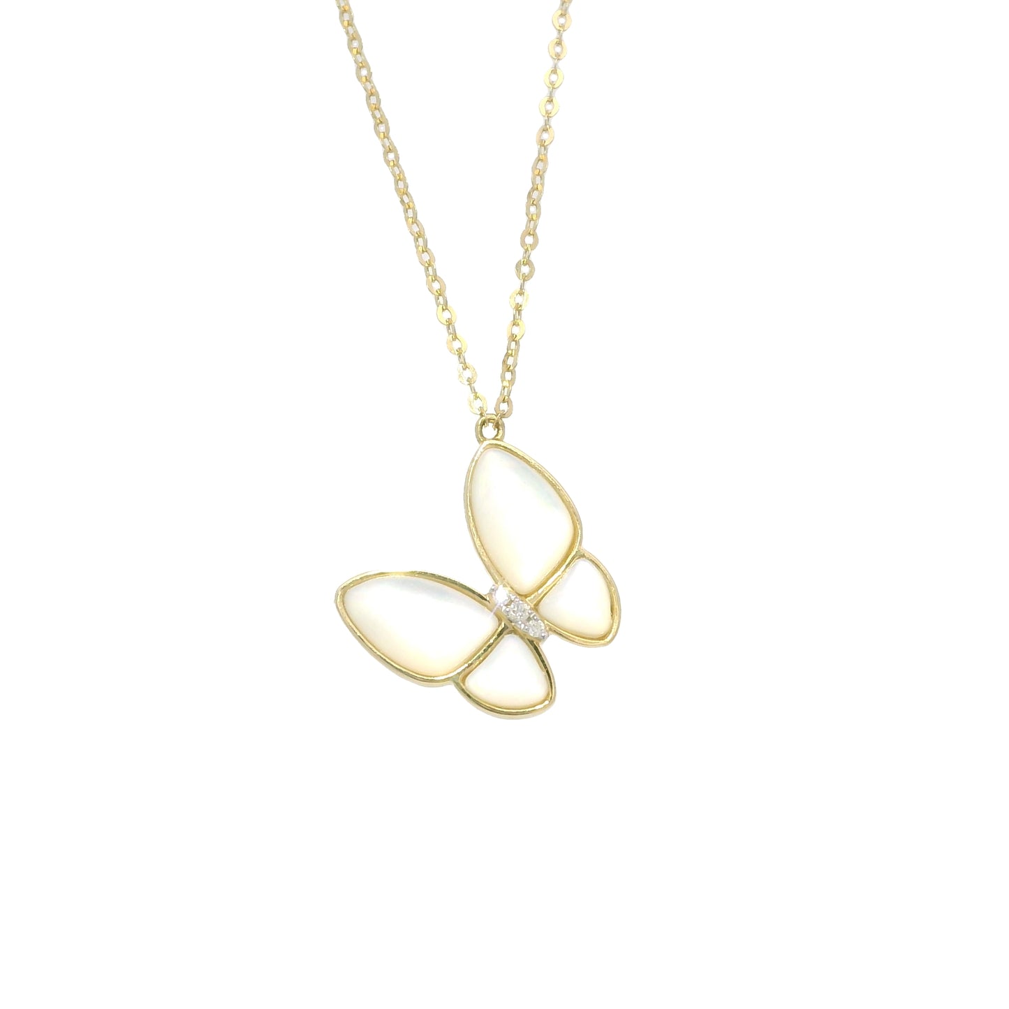 18k Yellow Gold Mother of Pearl & Diamond Butterfly Necklace