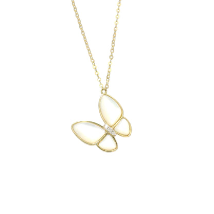 18k Yellow Gold Mother of Pearl & Diamond Butterfly Necklace