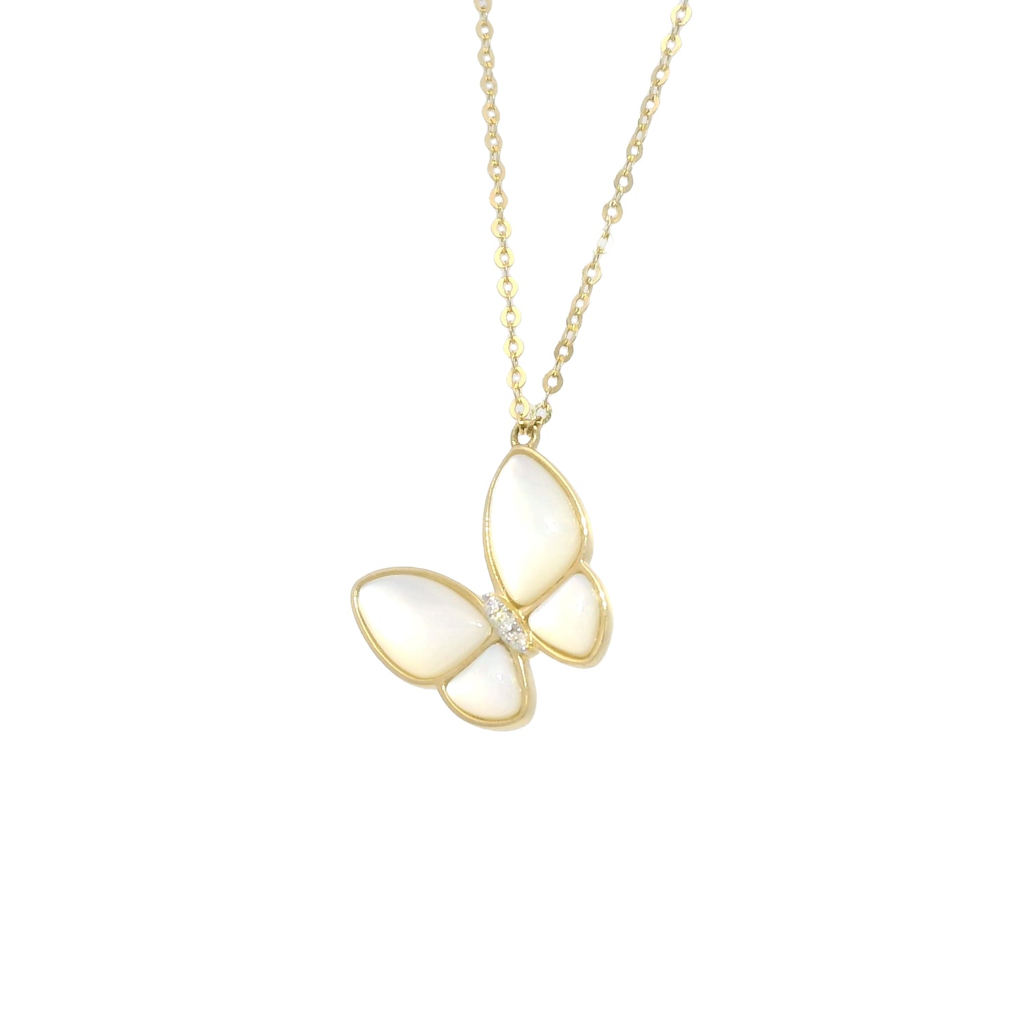 18k Yellow Gold Mother of Pearl & Diamond Butterfly Necklace