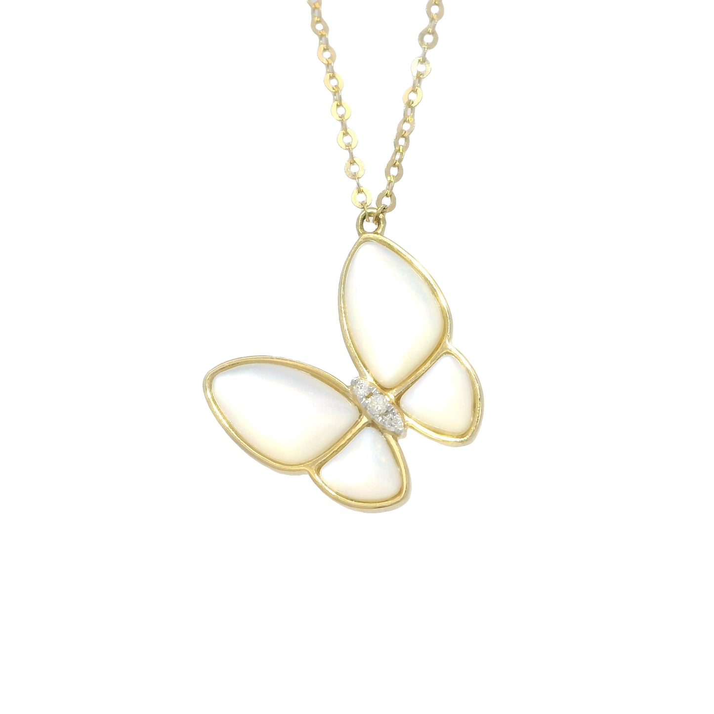 18k Yellow Gold Mother of Pearl & Diamond Butterfly Necklace