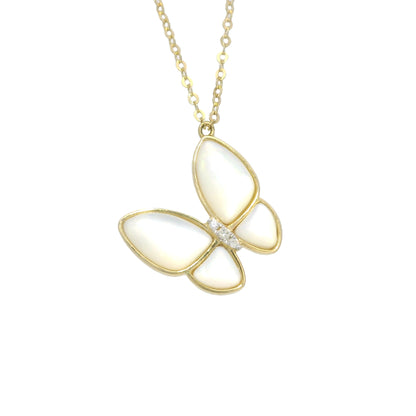 18k Yellow Gold Mother of Pearl & Diamond Butterfly Necklace