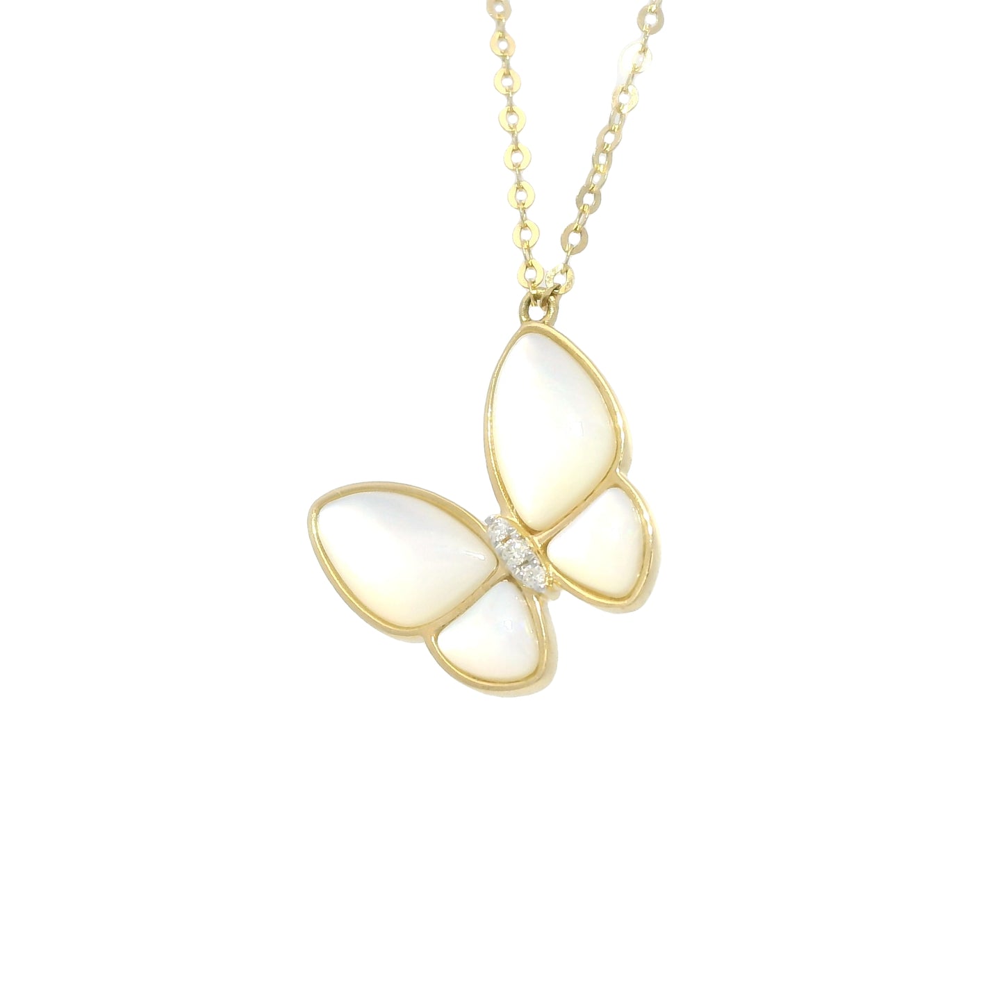 18k Yellow Gold Mother of Pearl & Diamond Butterfly Necklace
