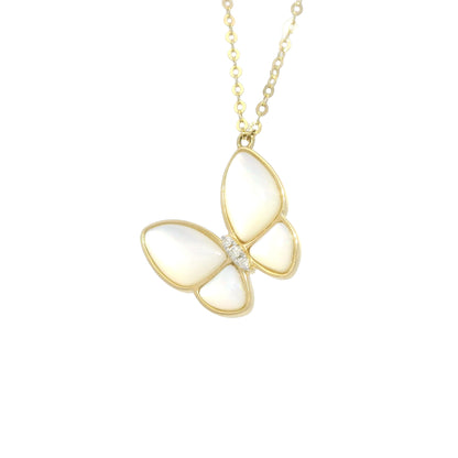 18k Yellow Gold Mother of Pearl & Diamond Butterfly Necklace