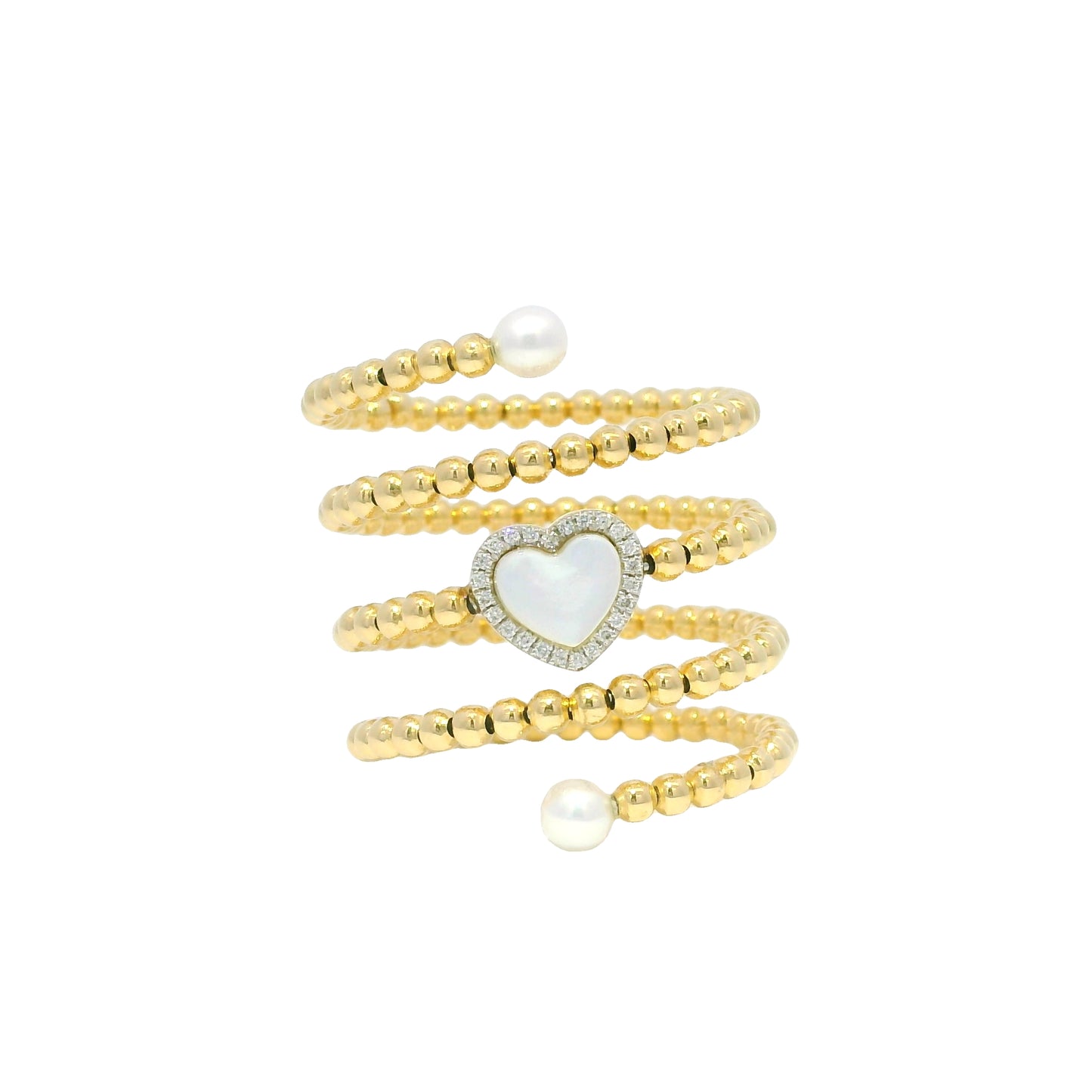 18k Yellow Gold Heart Mother of Pearl & Diamond Beaded Wrap Ring