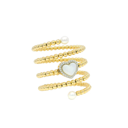 18k Yellow Gold Heart Mother of Pearl & Diamond Beaded Wrap Ring