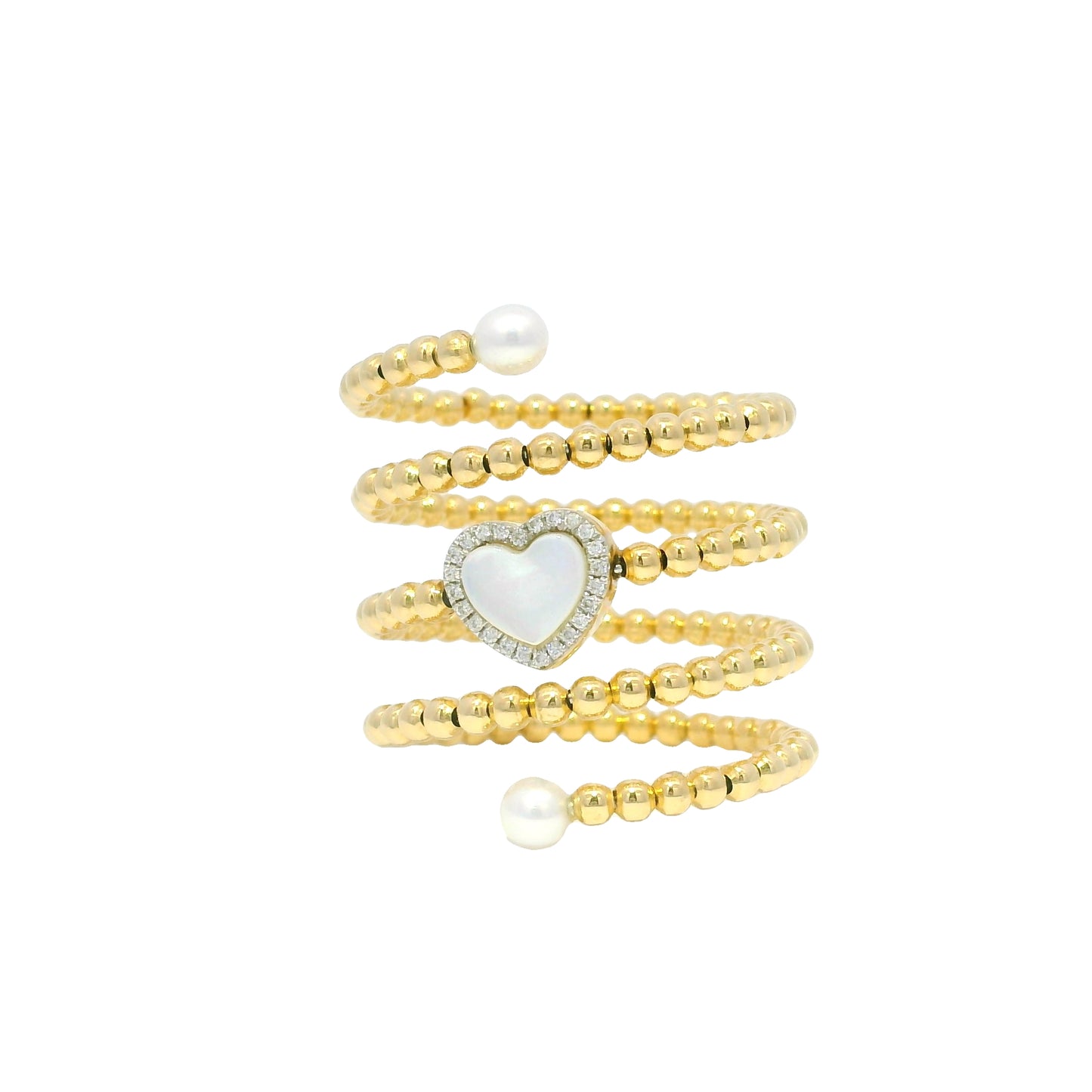 18k Yellow Gold Heart Mother of Pearl & Diamond Beaded Wrap Ring