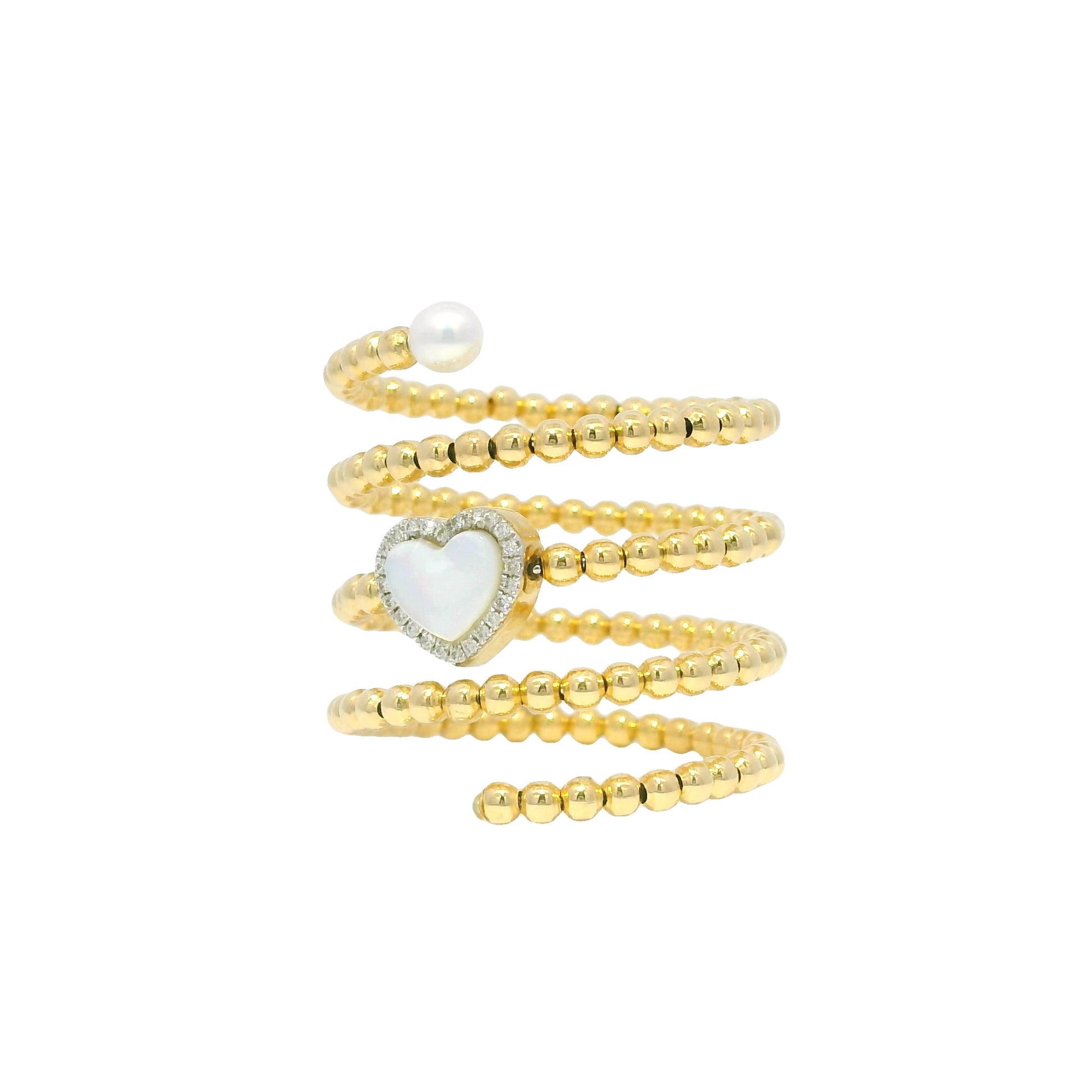 18k Yellow Gold Heart Mother of Pearl & Diamond Beaded Wrap Ring