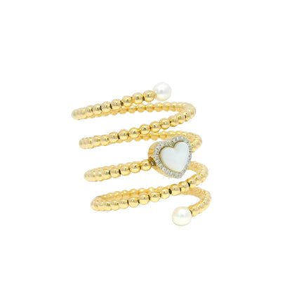 18k Yellow Gold Heart Mother of Pearl & Diamond Beaded Wrap Ring