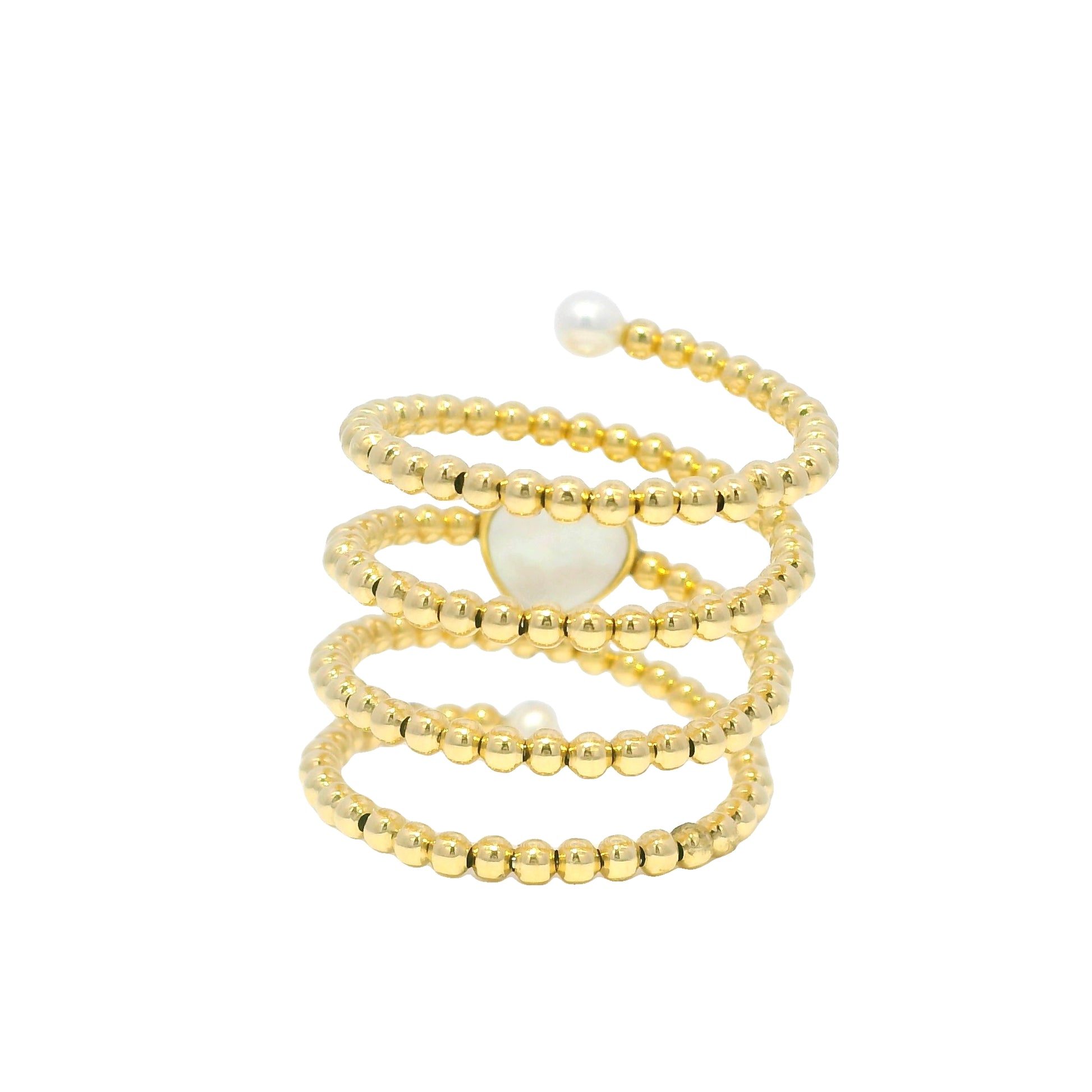 18k Yellow Gold Heart Mother of Pearl & Diamond Beaded Wrap Ring