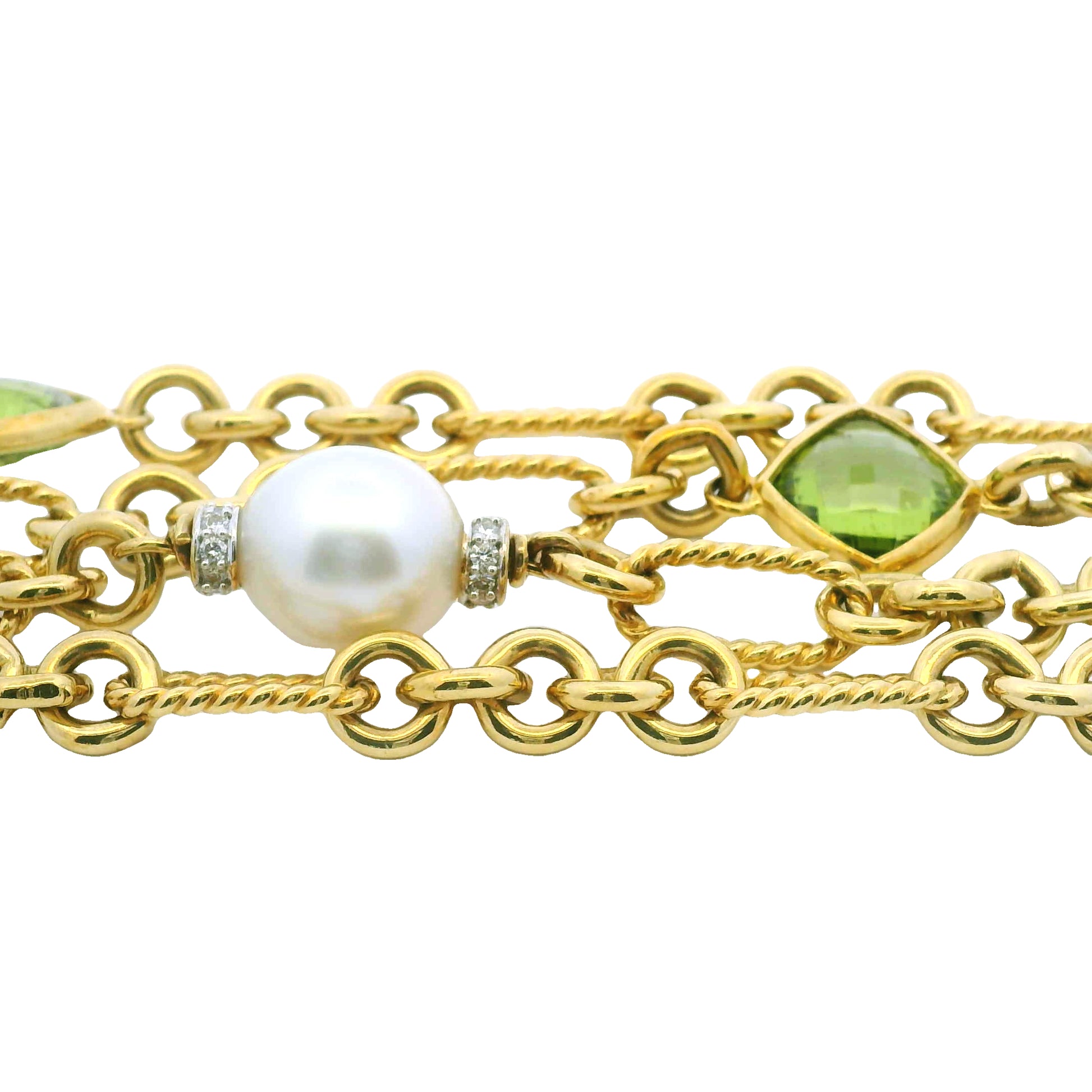 David Yurman 18k Yellow Gold Peridot, Pearl & Diamond 4-Strand Oval-Link Bracelet