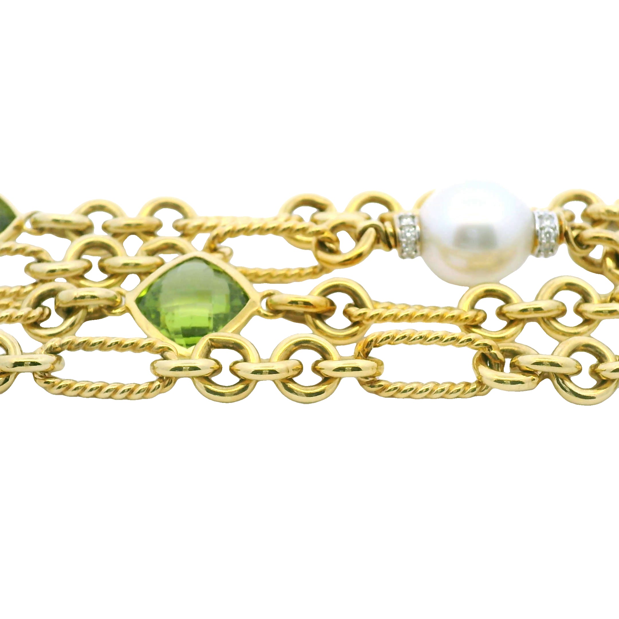 David Yurman 18k Yellow Gold Peridot, Pearl & Diamond 4-Strand Oval-Link Bracelet