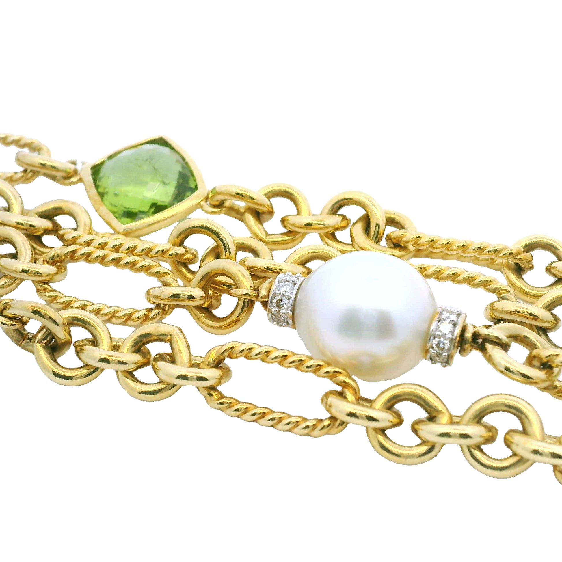 David Yurman 18k Yellow Gold Peridot, Pearl & Diamond 4-Strand Oval-Link Bracelet