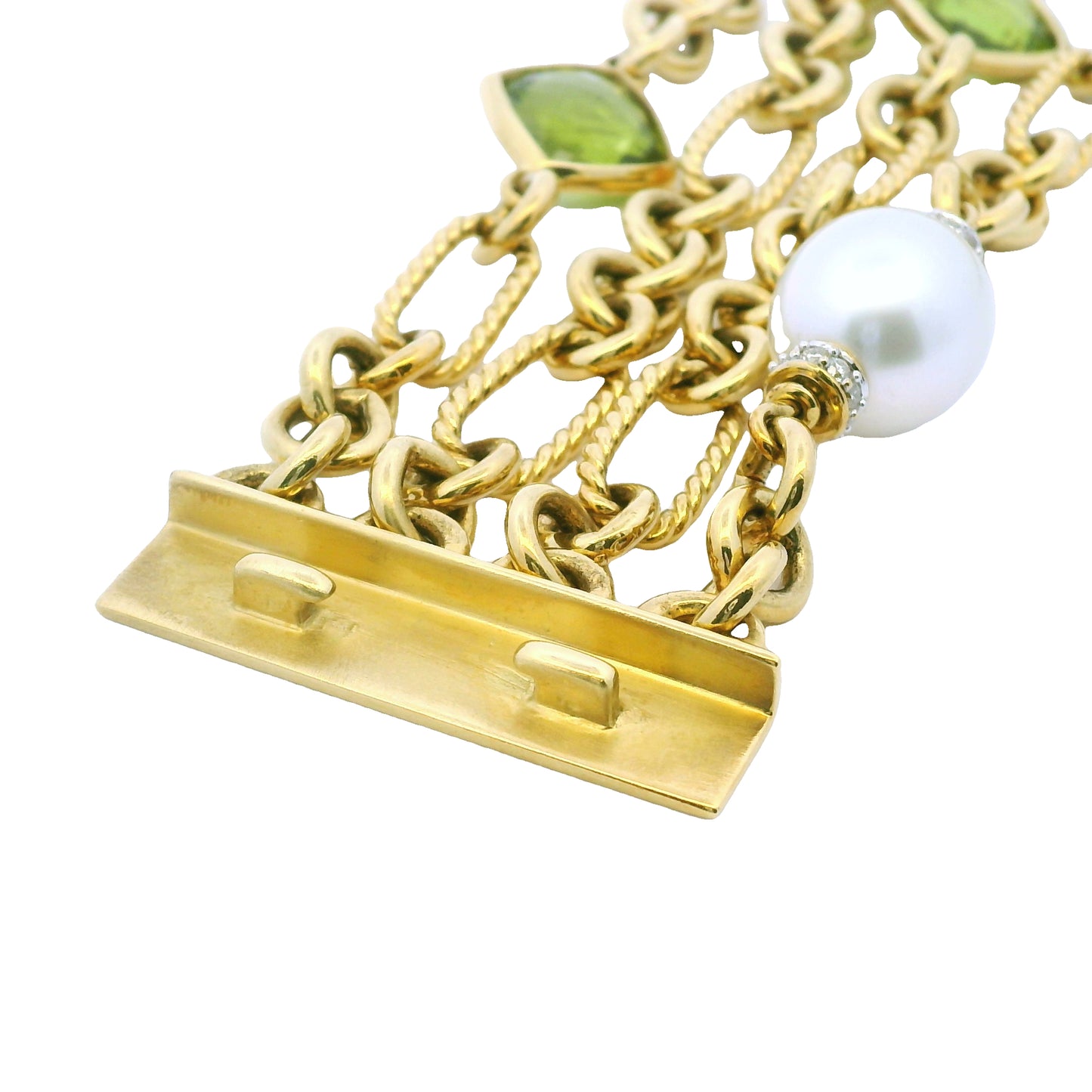 David Yurman 18k Yellow Gold Peridot, Pearl & Diamond 4-Strand Oval-Link Bracelet