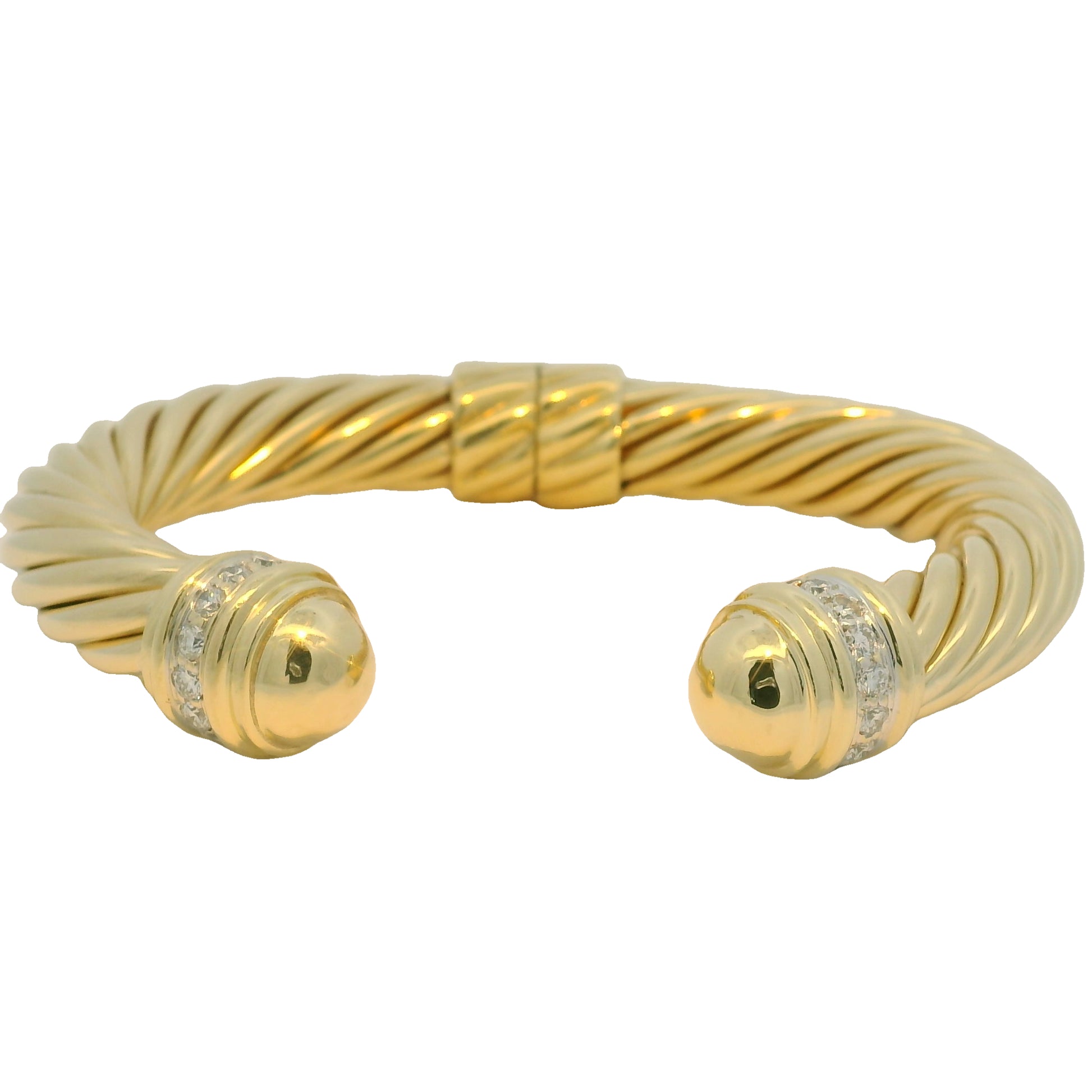 David Yurman 18k Yellow Gold Diamond Large Ribbed Cable Cuff Bracelet