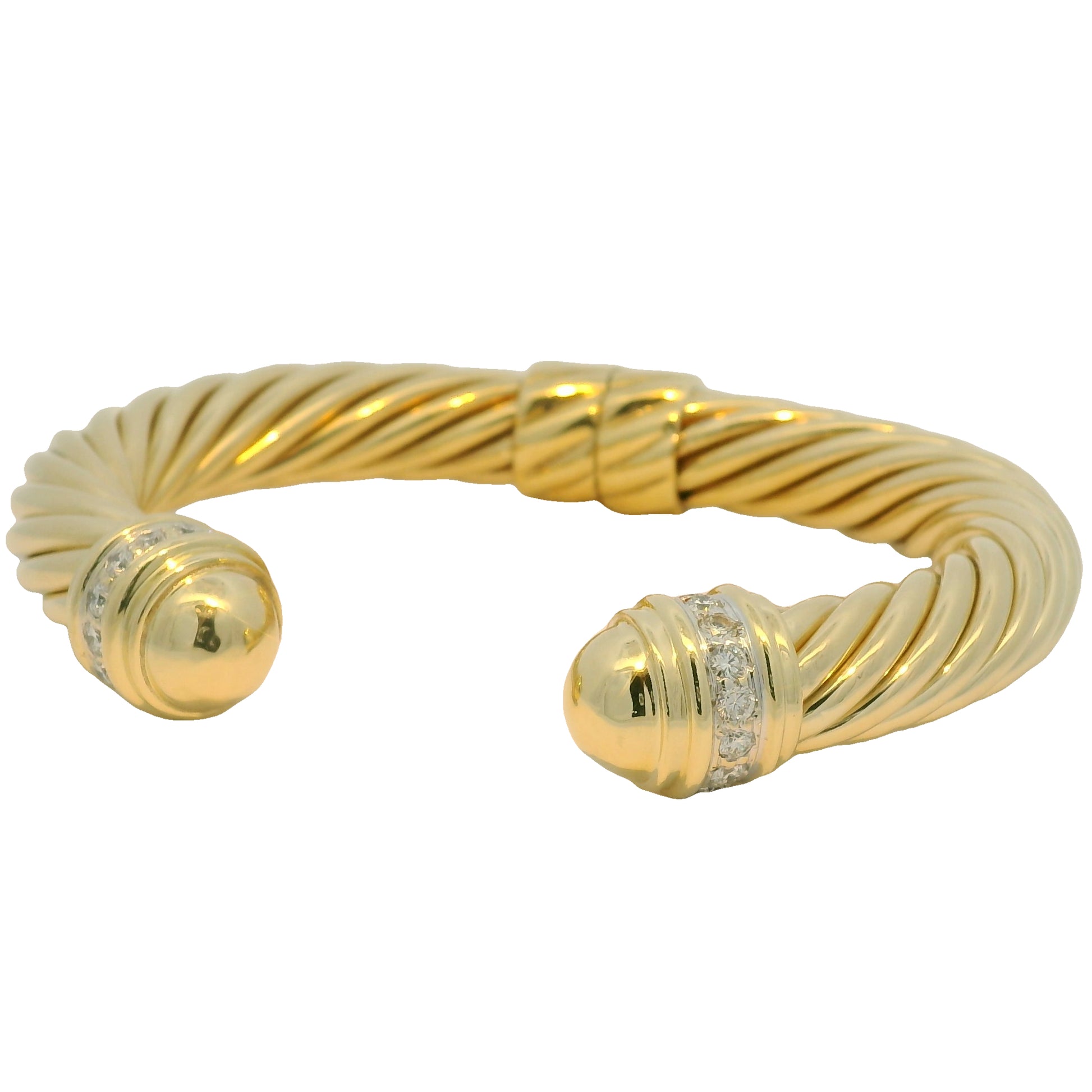 David Yurman 18k Yellow Gold Diamond Large Ribbed Cable Cuff Bracelet