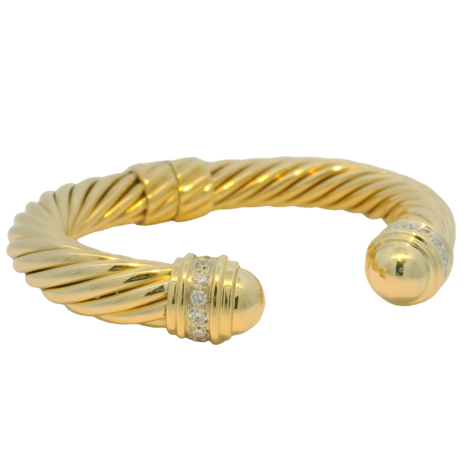 David Yurman 18k Yellow Gold Diamond Large Ribbed Cable Cuff Bracelet