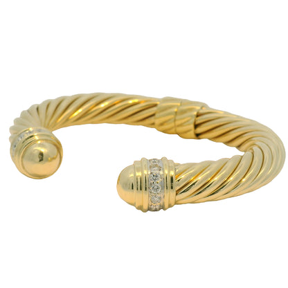David Yurman 18k Yellow Gold Diamond Large Ribbed Cable Cuff Bracelet