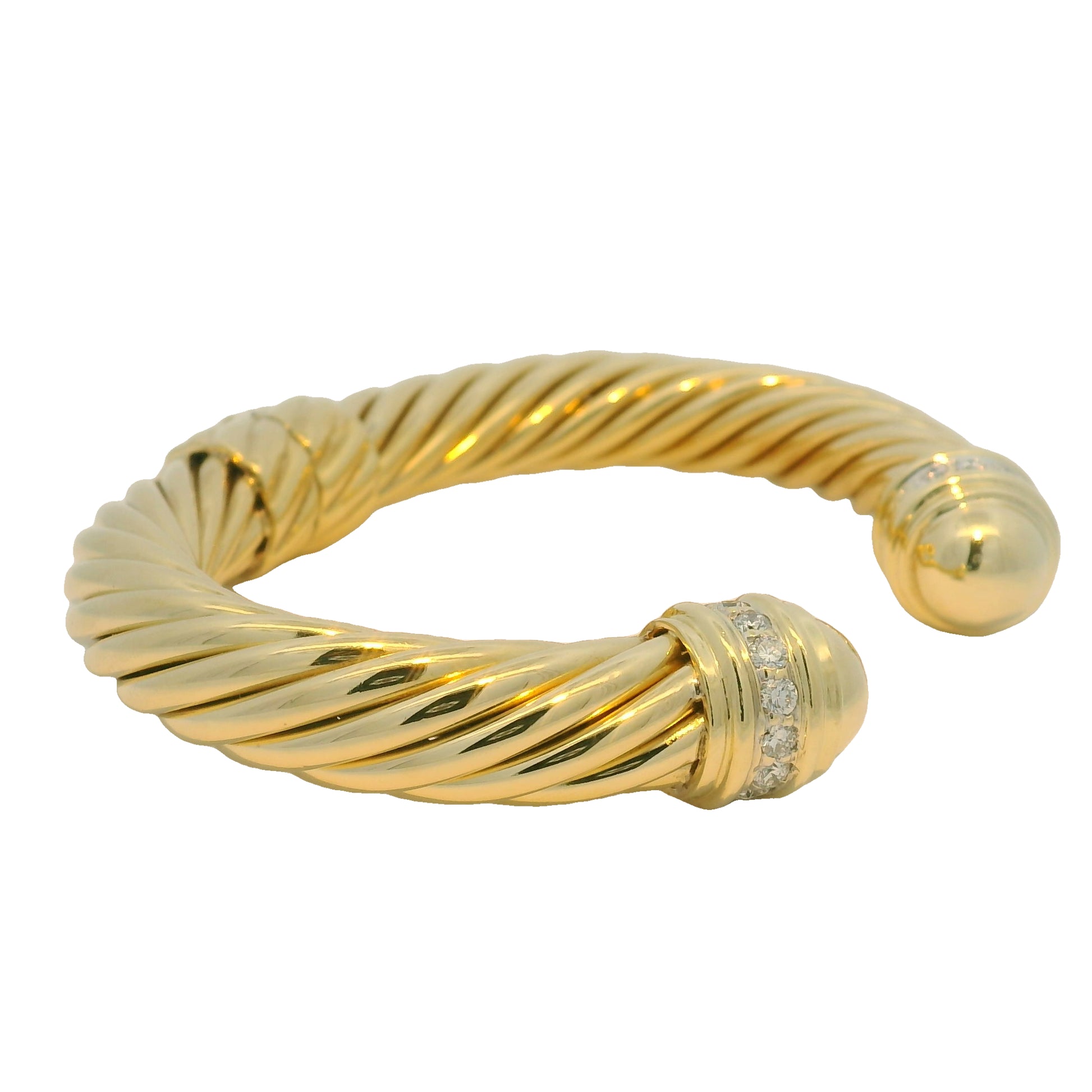 David Yurman 18k Yellow Gold Diamond Large Ribbed Cable Cuff Bracelet