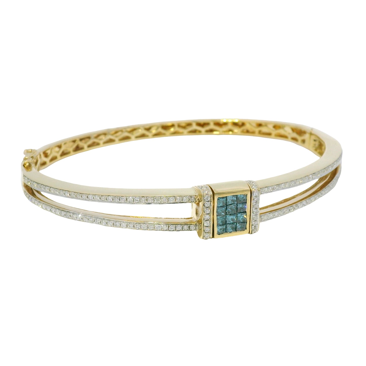14k Yellow Gold 1.43 Carat White & Blue Irradiated Diamond Bangle Bracelet