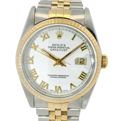 Rolex 16233 Datejust Two-Tone White Roman Dial Fluted Bezel 36mm Watch