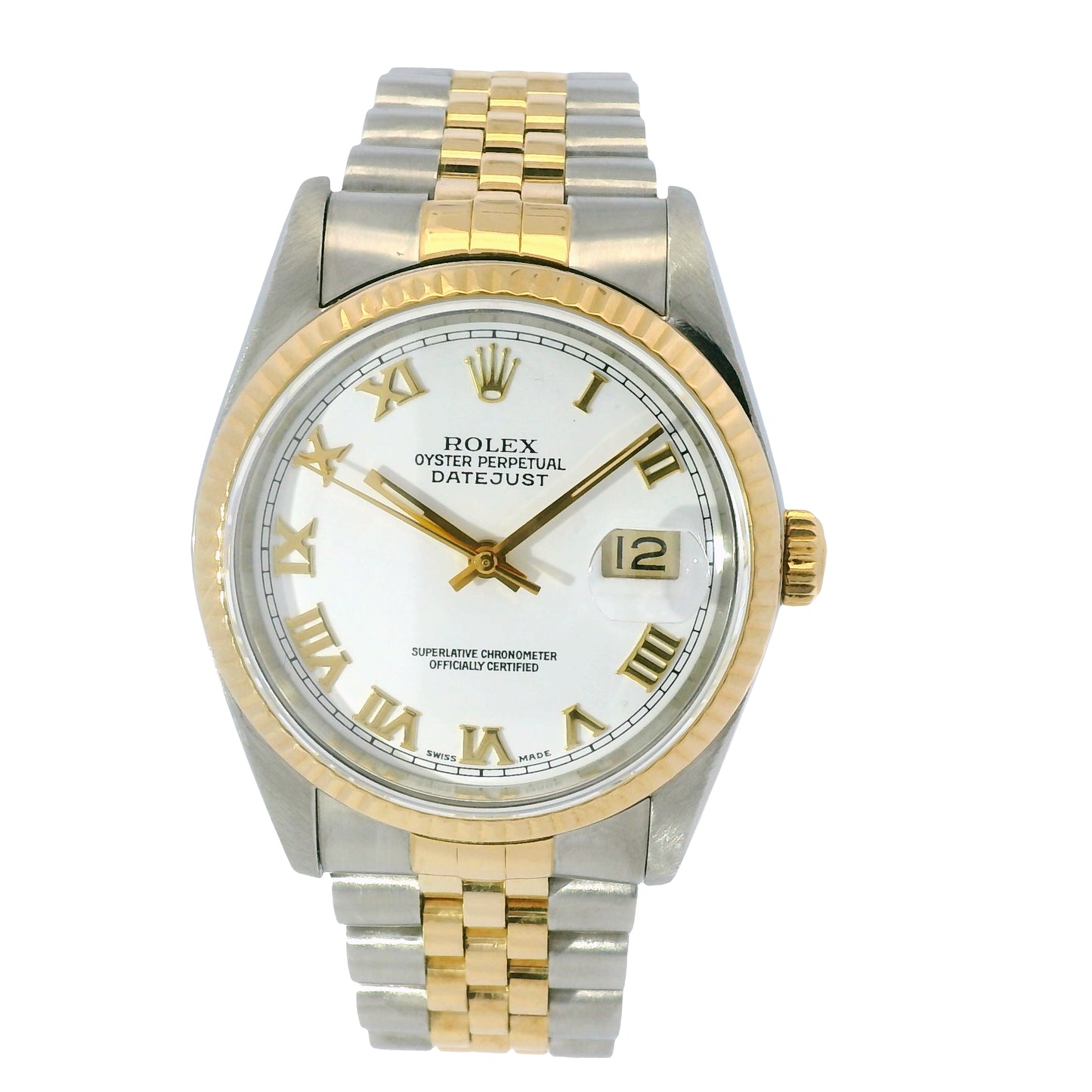 Rolex 16233 Datejust Two-Tone White Roman Dial Fluted Bezel 36mm Watch