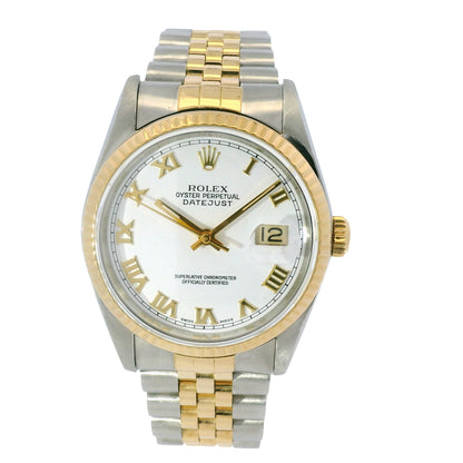 Rolex 16233 Datejust Two-Tone White Roman Dial Fluted Bezel 36mm Watch