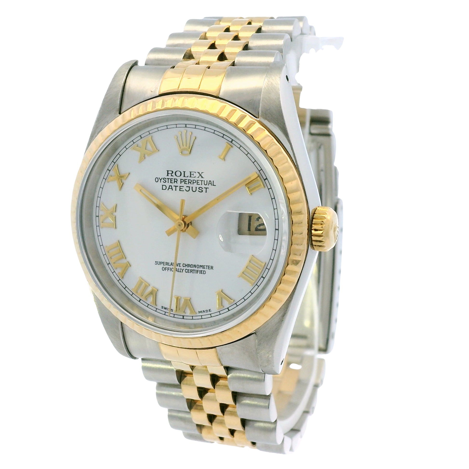 Rolex 16233 Datejust Two-Tone White Roman Dial Fluted Bezel 36mm Watch