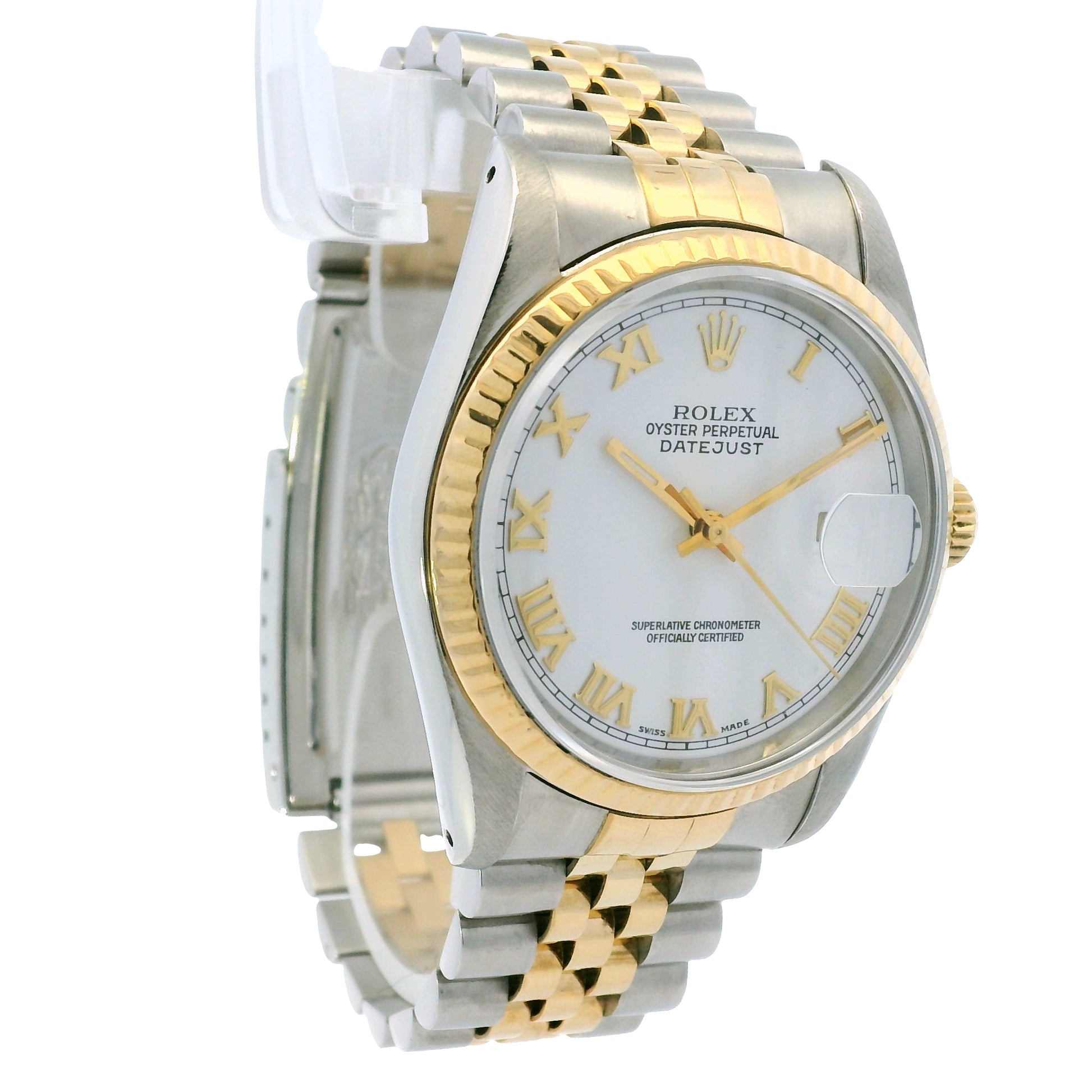 Rolex 16233 Datejust Two-Tone White Roman Dial Fluted Bezel 36mm Watch