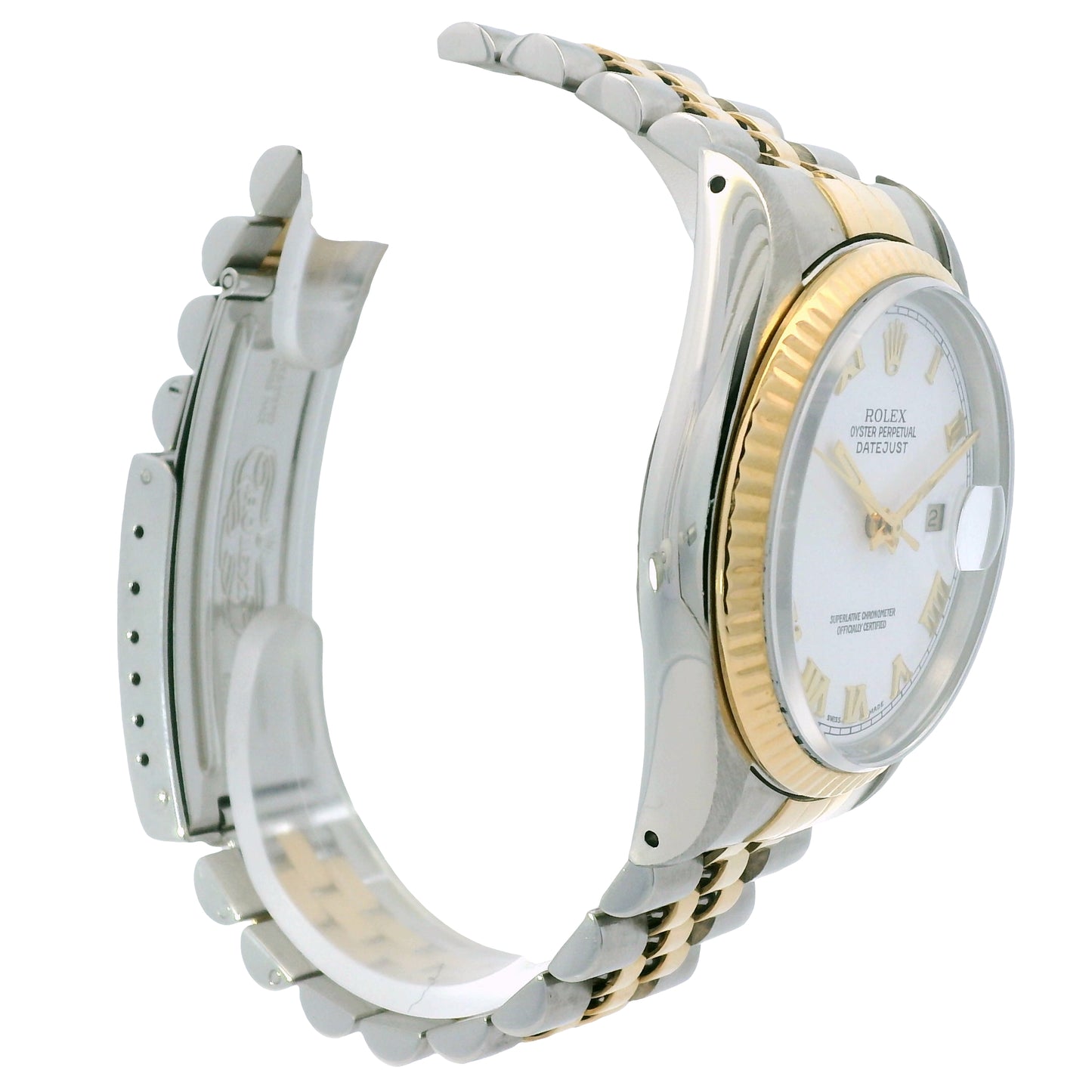 Rolex 16233 Datejust Two-Tone White Roman Dial Fluted Bezel 36mm Watch