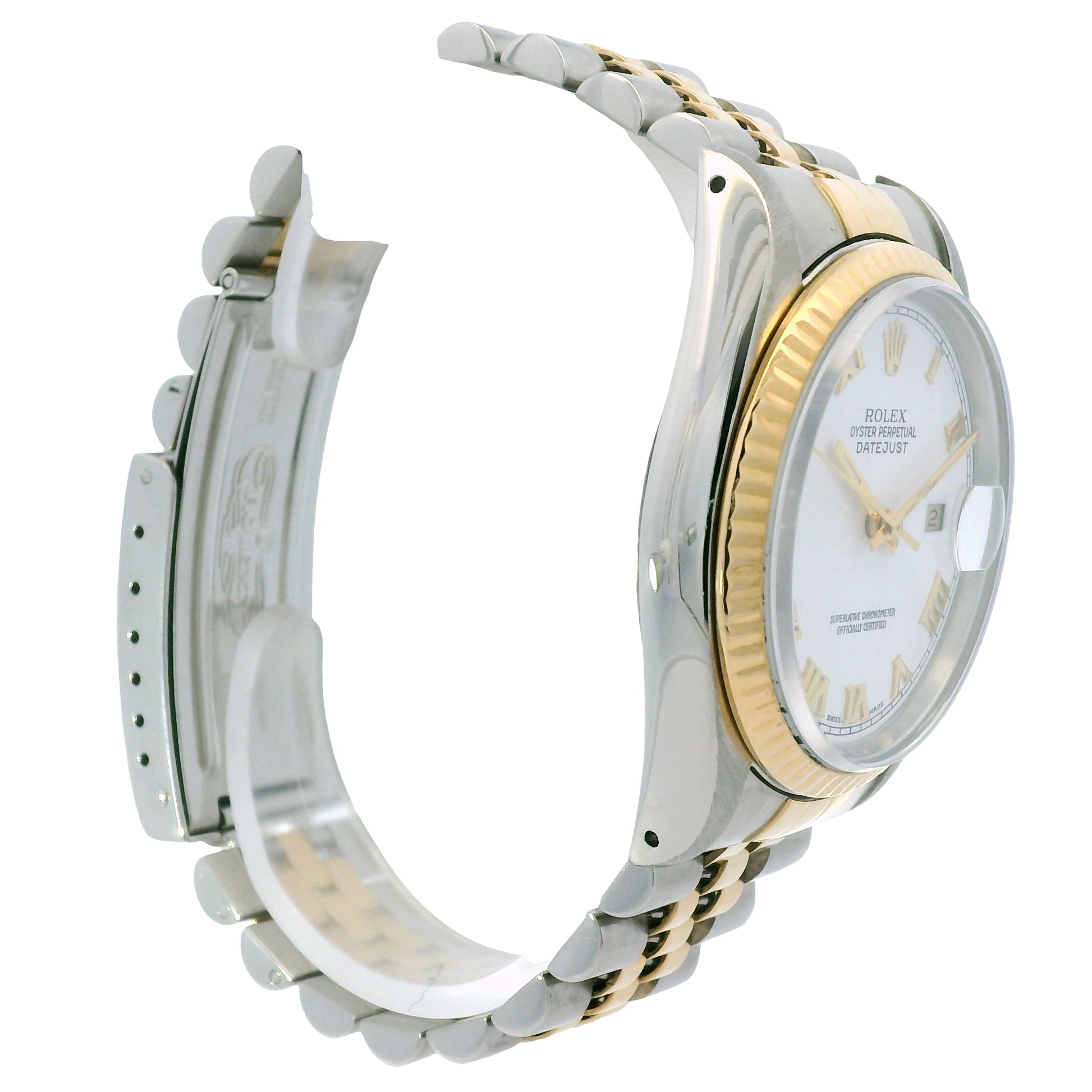 Rolex 16233 Datejust Two-Tone White Roman Dial Fluted Bezel 36mm Watch