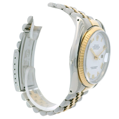 Rolex 16233 Datejust Two-Tone White Roman Dial Fluted Bezel 36mm Watch