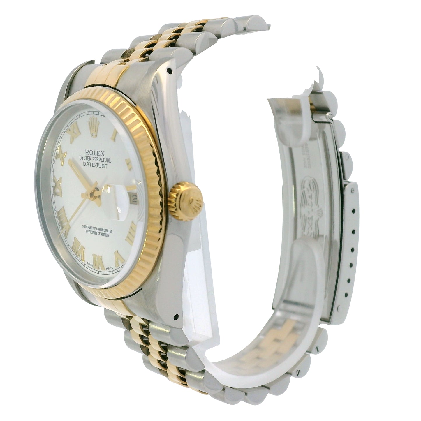 Rolex 16233 Datejust Two-Tone White Roman Dial Fluted Bezel 36mm Watch