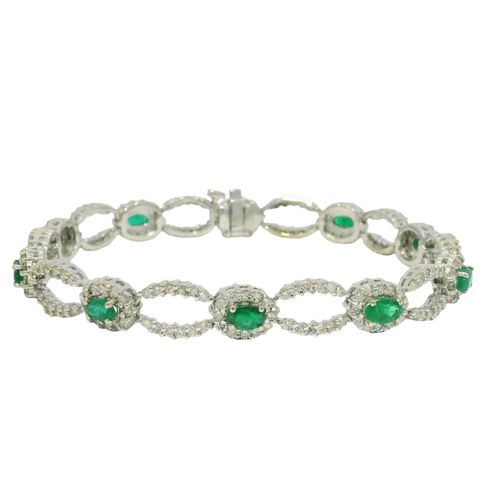 14k White Gold Natural Emerald & Diamond Open Link Bracelet — product photo 1