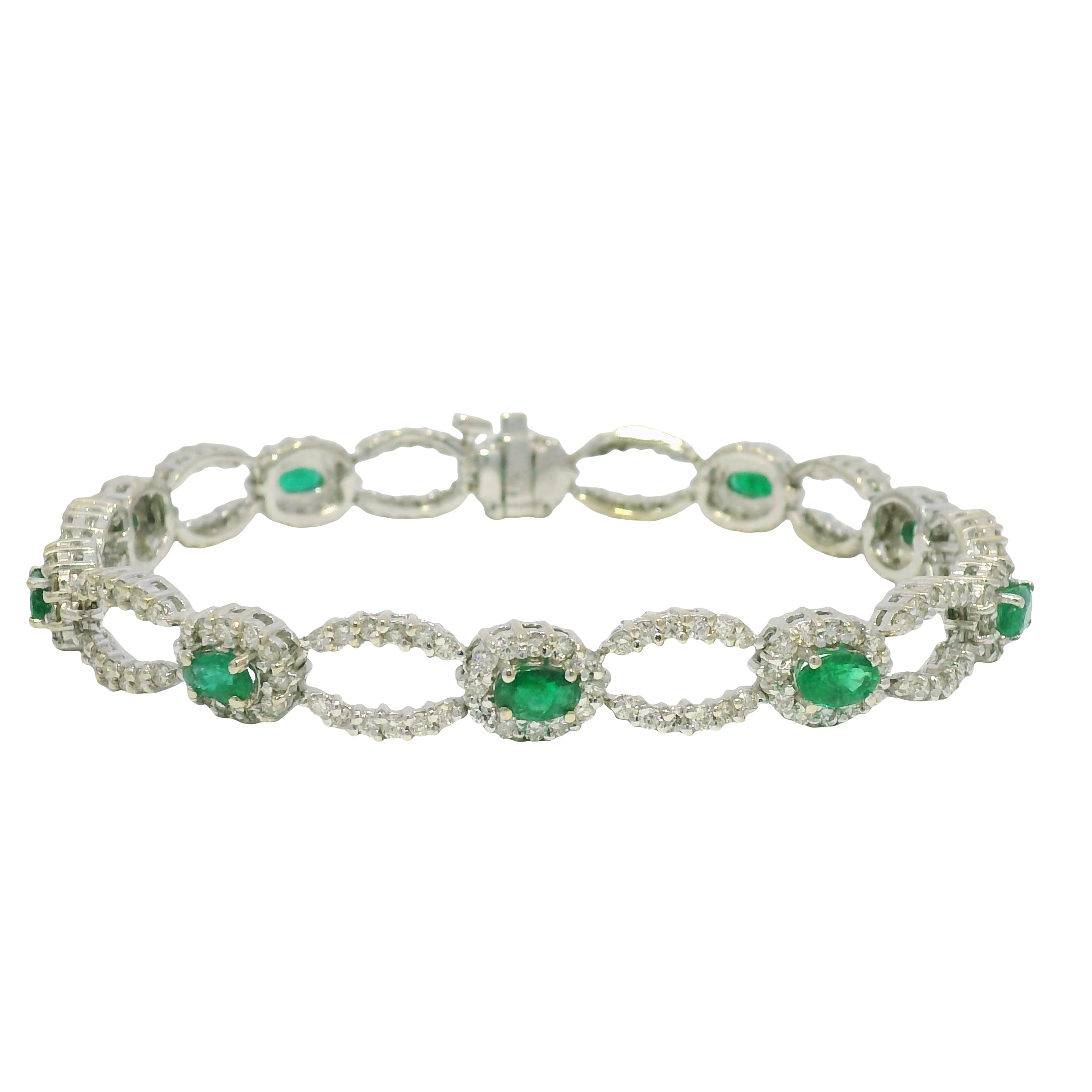 14k White Gold Natural Emerald & Diamond Open Link Bracelet
