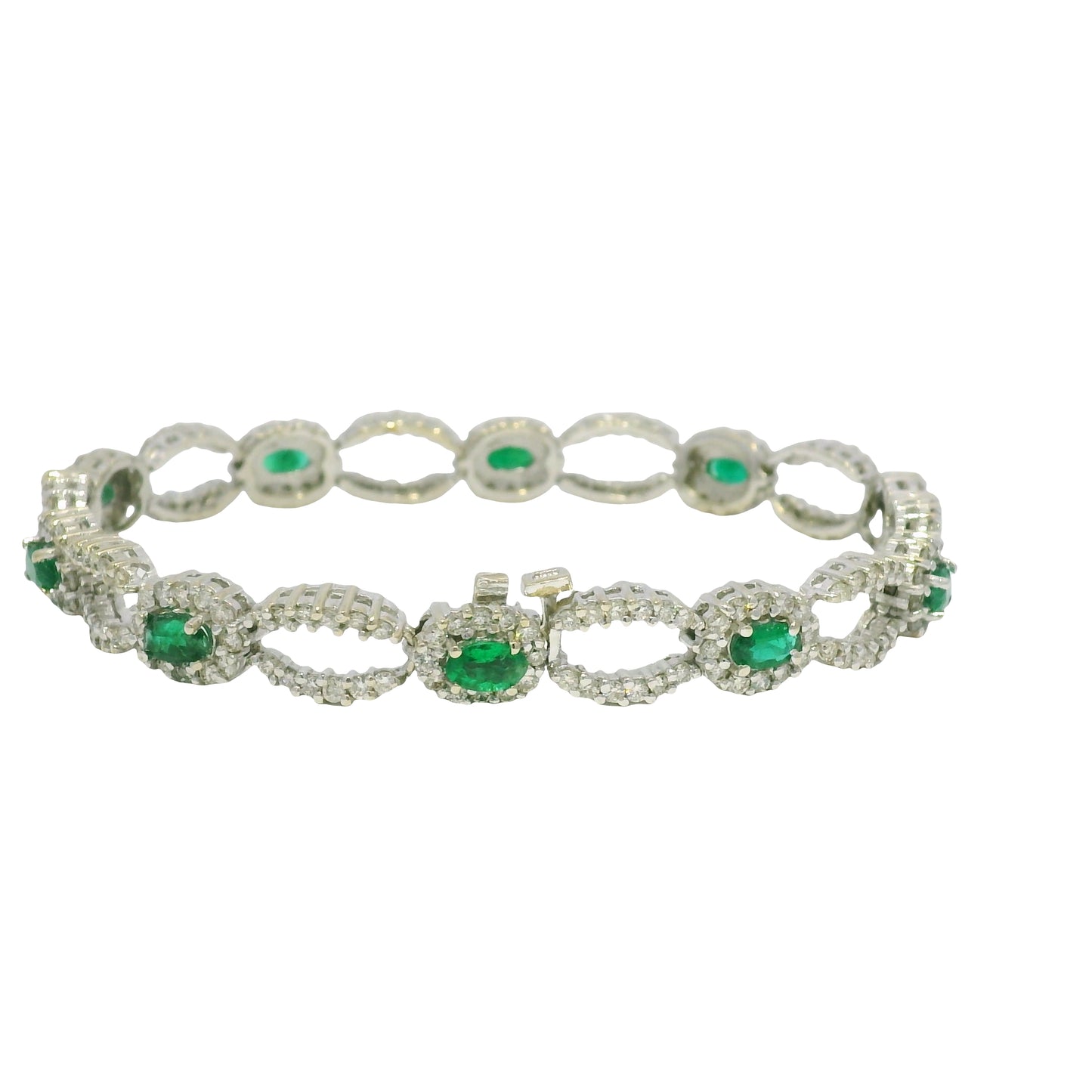 14k White Gold Natural Emerald & Diamond Open Link Bracelet