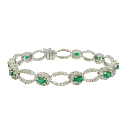 14k White Gold Natural Emerald & Diamond Open Link Bracelet