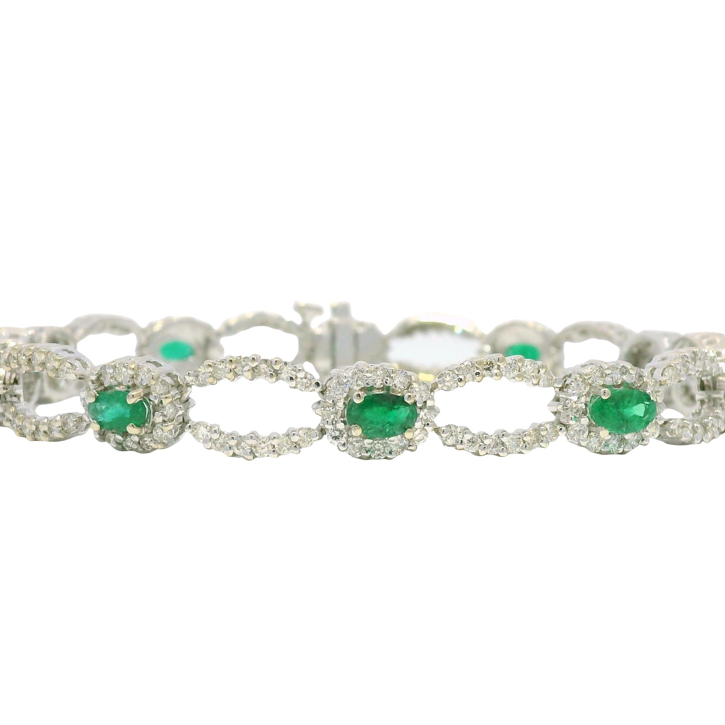 14k White Gold Natural Emerald & Diamond Open Link Bracelet