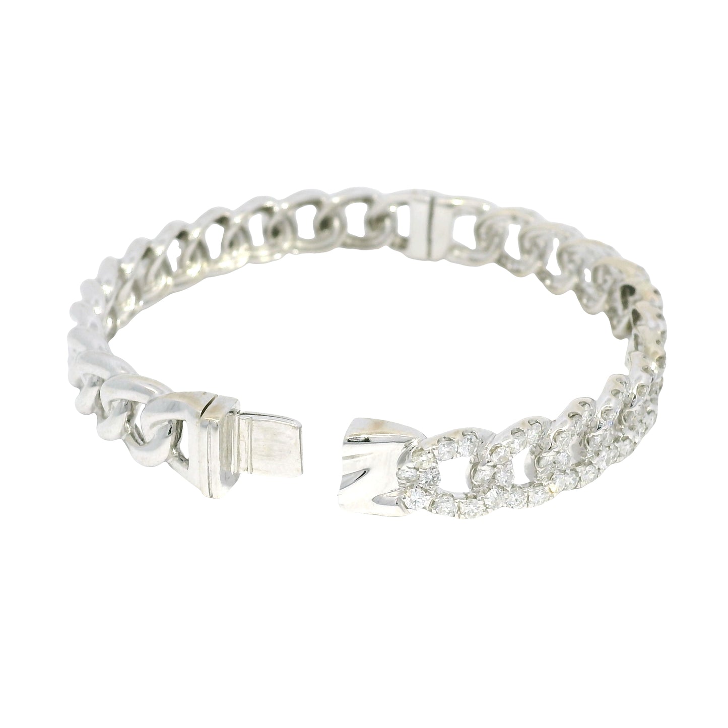 18k White Gold Natural Diamond Cuban Link Style Bangle Bracelet