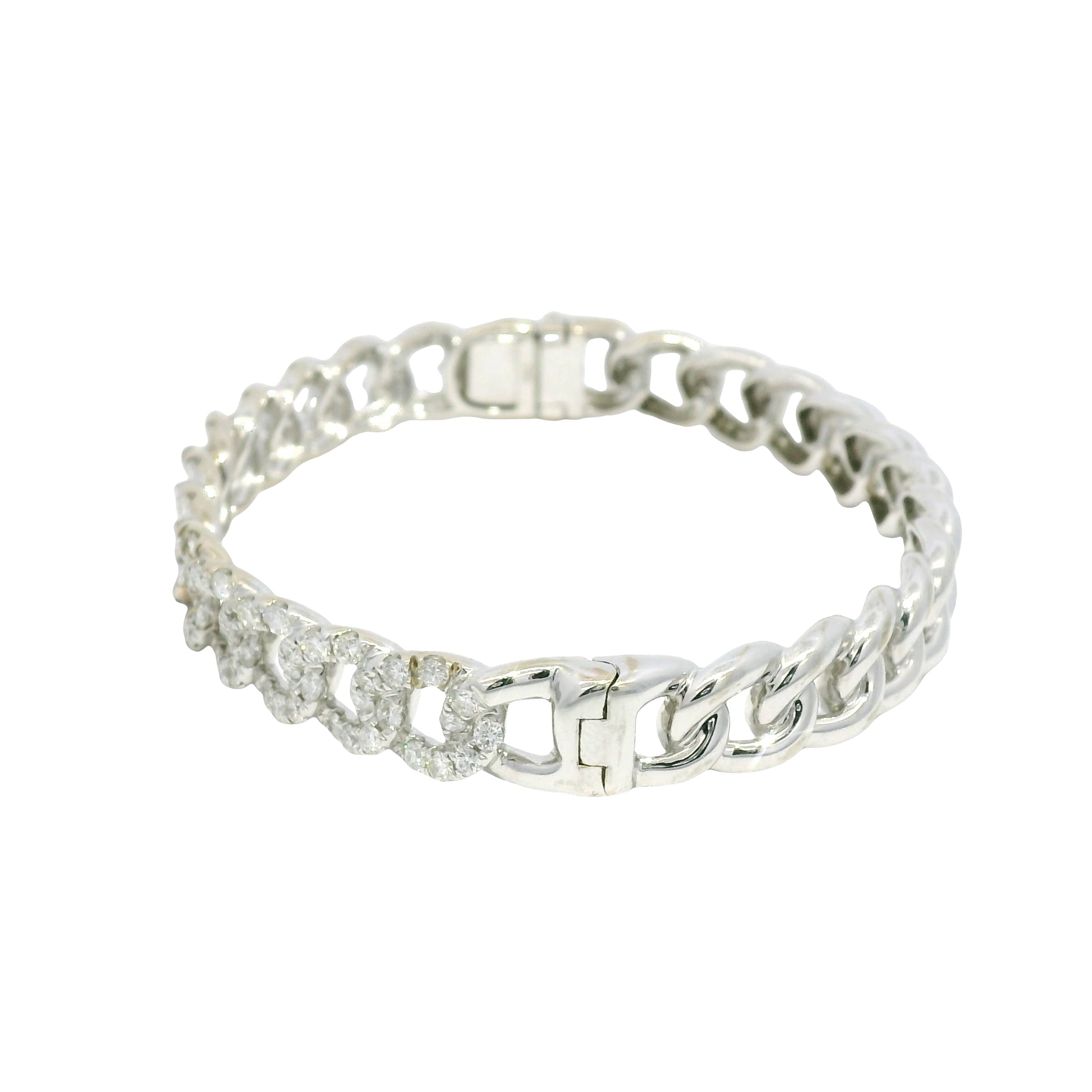 18k White Gold Natural Diamond Cuban Link Style Bangle Bracelet