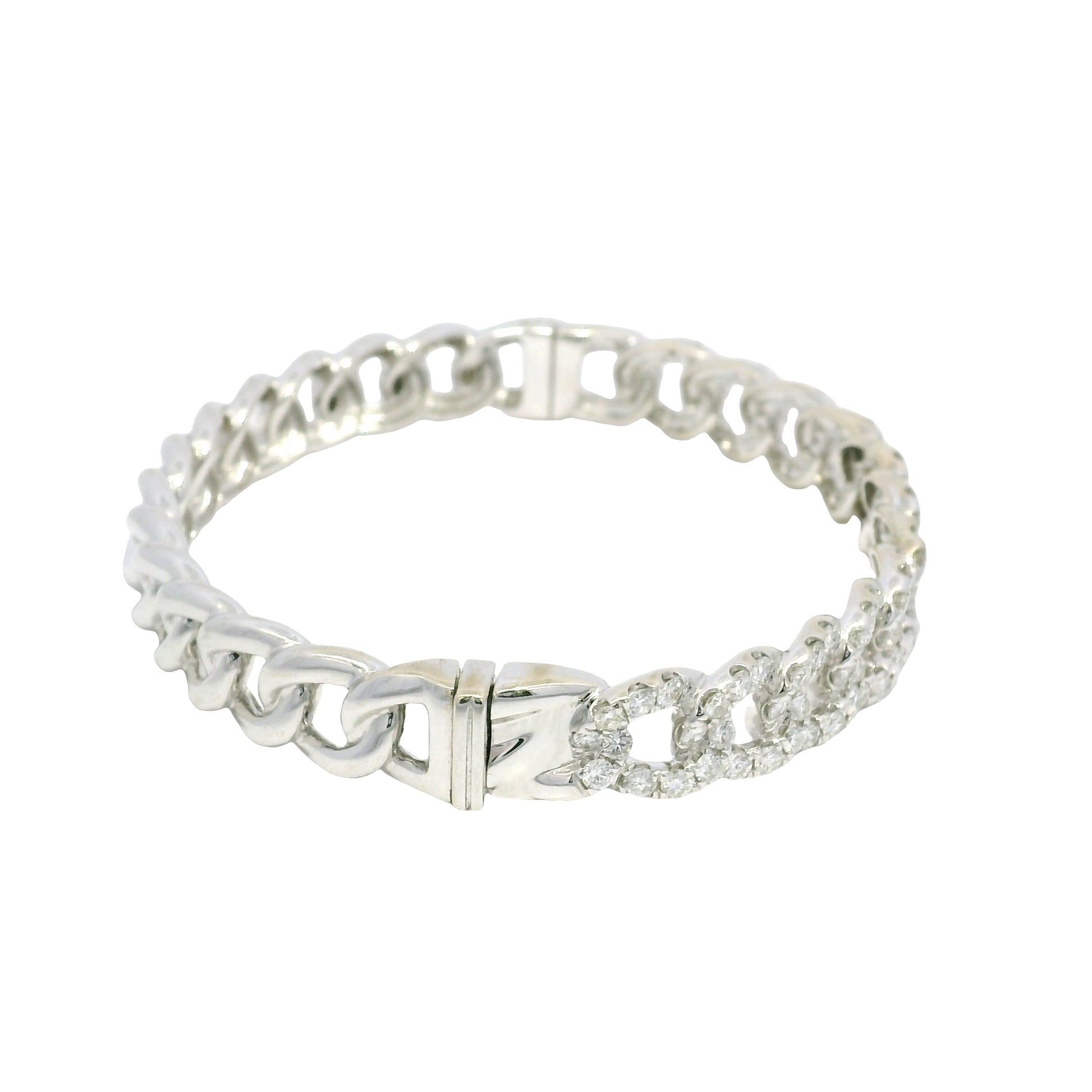 18k White Gold Natural Diamond Cuban Link Style Bangle Bracelet