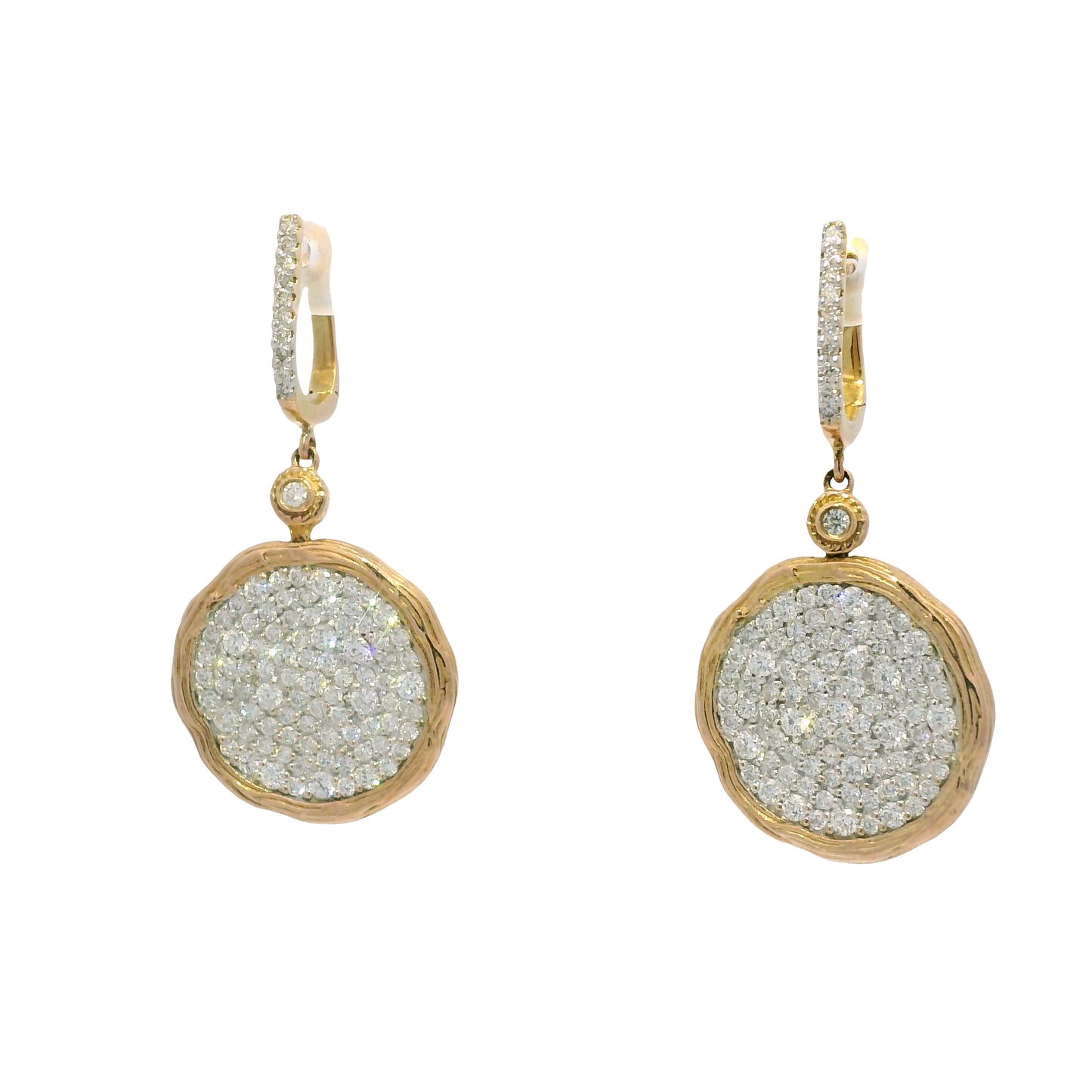 14k Rose Gold Natural 2.25 Carat Diamond Pave Textured Disc Earrings