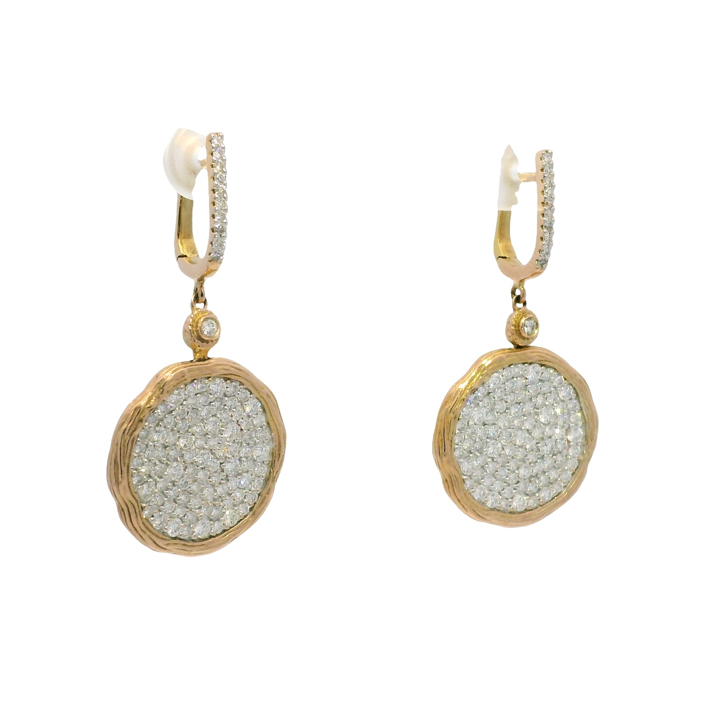 14k Rose Gold Natural 2.25 Carat Diamond Pave Textured Disc Earrings