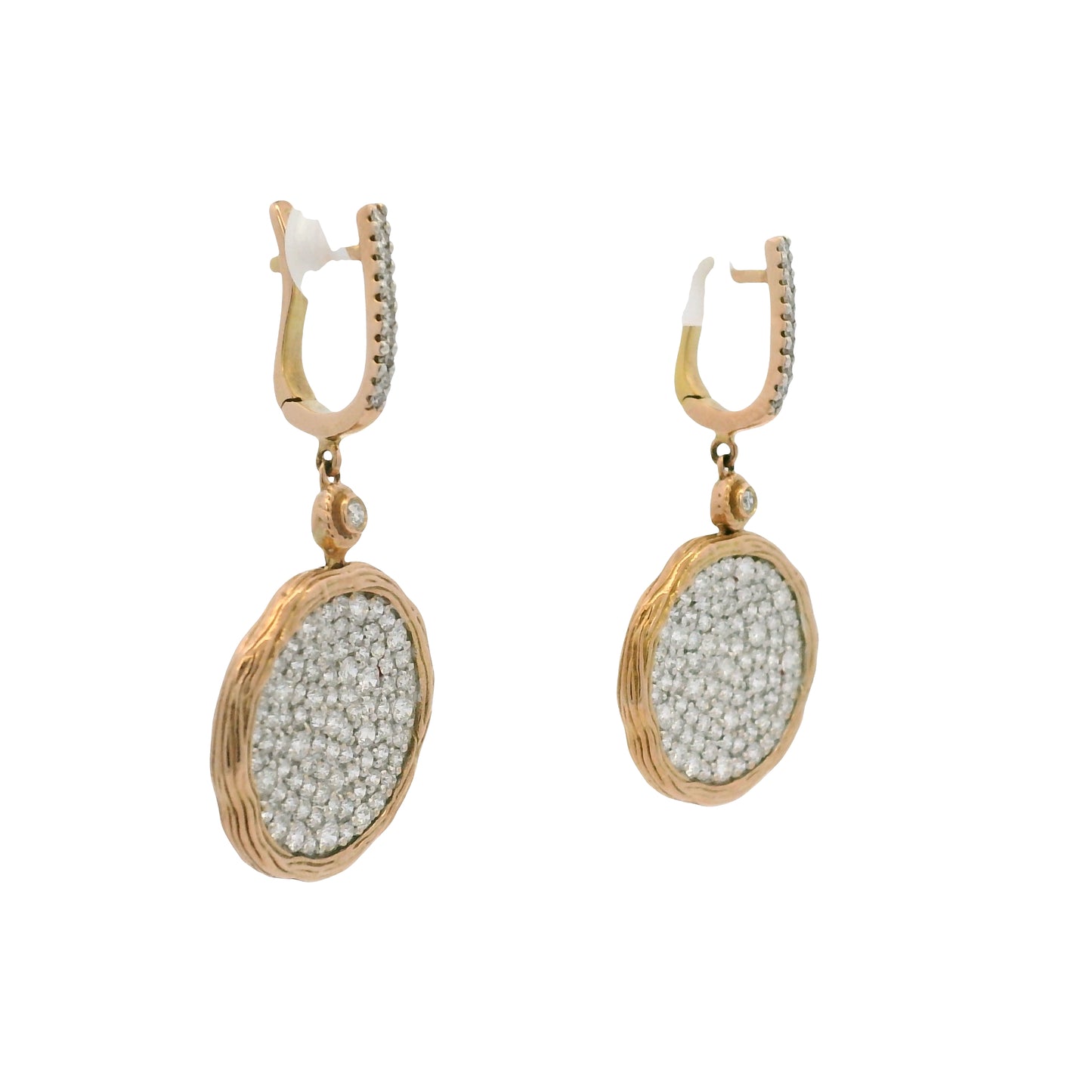 14k Rose Gold Natural 2.25 Carat Diamond Pave Textured Disc Earrings