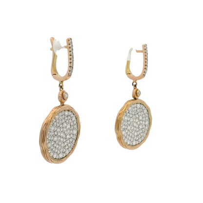 14k Rose Gold Natural 2.25 Carat Diamond Pave Textured Disc Earrings