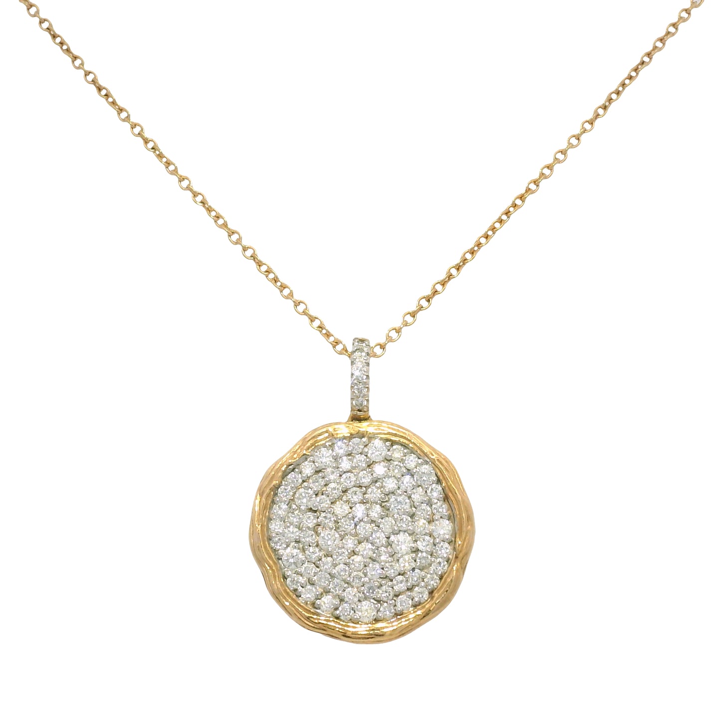 14k Rose Gold Natural 1.15 Carat Diamond Pave Textured Disc Necklace